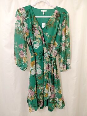 NWT SZ L Maurices Green Floral Dress with Pink Blooms Ruffled Hem